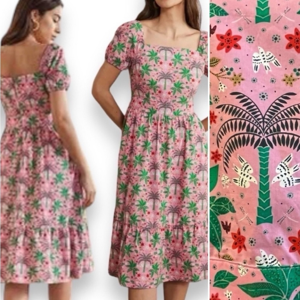 NWT Tiered Puff Sleeves Square Neck Oink Oriental Palm Midi Dress